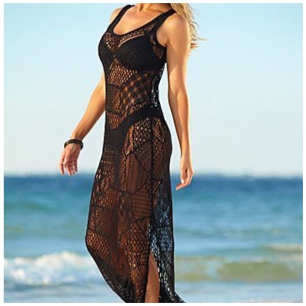 knee length dresses for ladies Venus Crochet Printed Maxi Dress | Black Multi